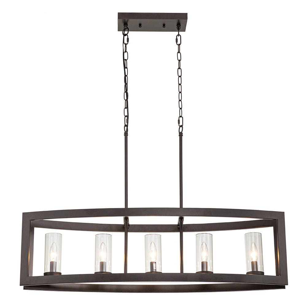 Pendantlightie-Modern 5-Light Rectangle Kitchen Island Chandelier With Glass Shades-Chandeliers-Faux Wood Grain-