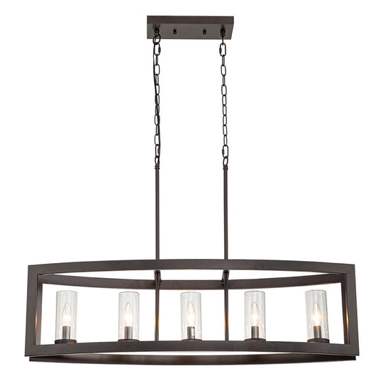 Pendantlightie-Modern 5-Light Rectangle Kitchen Island Chandelier With Glass Shades-Chandeliers-Faux Wood Grain-
