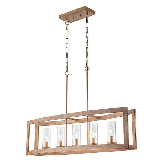 Pendantlightie-Modern 5-Light Rectangle Kitchen Island Chandelier With Glass Shades-Chandeliers-Faux Wood Grain-