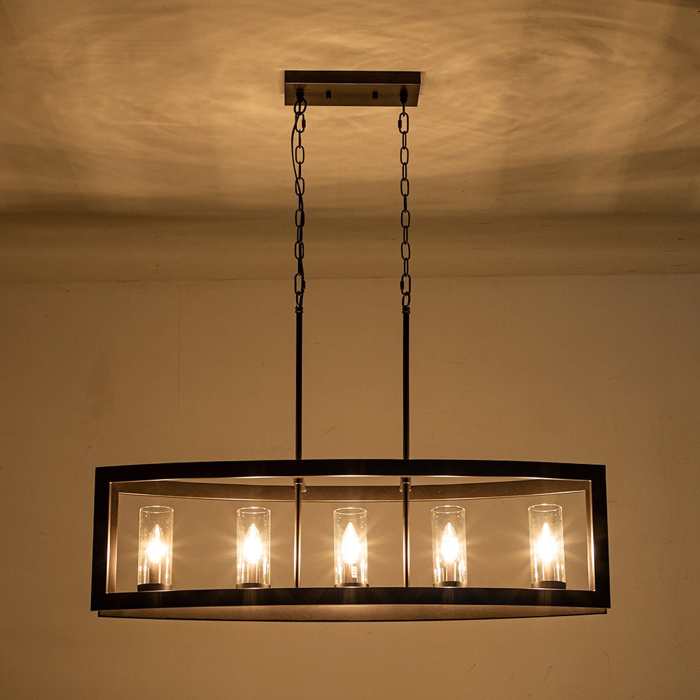 Pendantlightie-Modern 5-Light Rectangle Kitchen Island Chandelier With Glass Shades-Chandeliers-Faux Wood Grain-