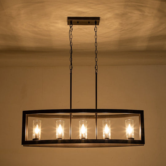 Pendantlightie-Modern 5-Light Rectangle Kitchen Island Chandelier With Glass Shades-Chandeliers-Faux Wood Grain-