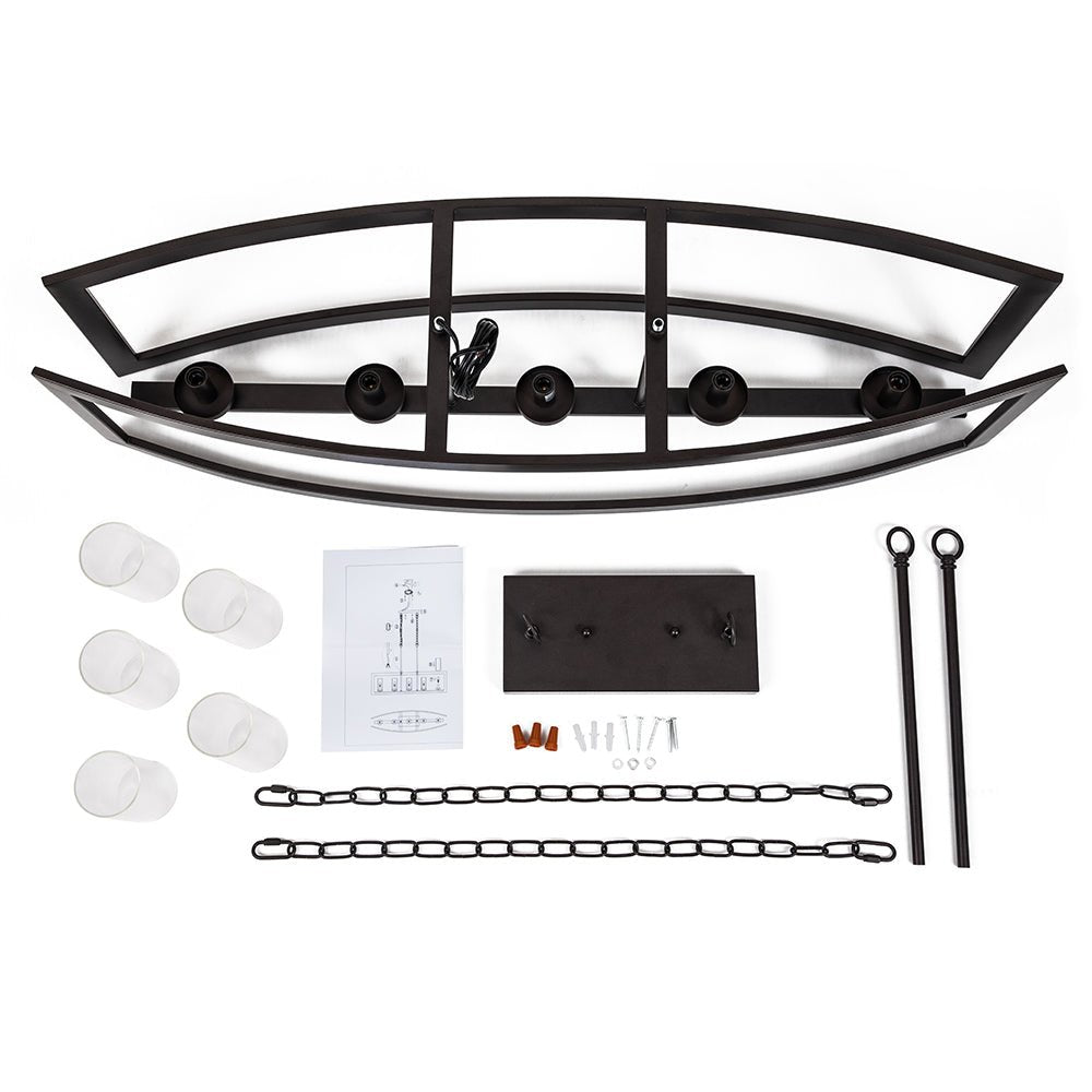 Pendantlightie-Modern 5-Light Rectangle Kitchen Island Chandelier With Glass Shades-Chandeliers-Faux Wood Grain-