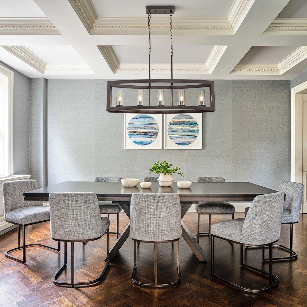 Pendantlightie-Modern 5-Light Rectangle Kitchen Island Chandelier With Glass Shades-Chandeliers-Faux Wood Grain-