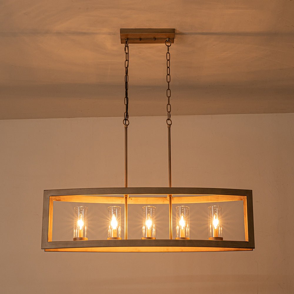 Pendantlightie-Modern 5-Light Rectangle Kitchen Island Chandelier With Glass Shades-Chandeliers-Faux Wood Grain-