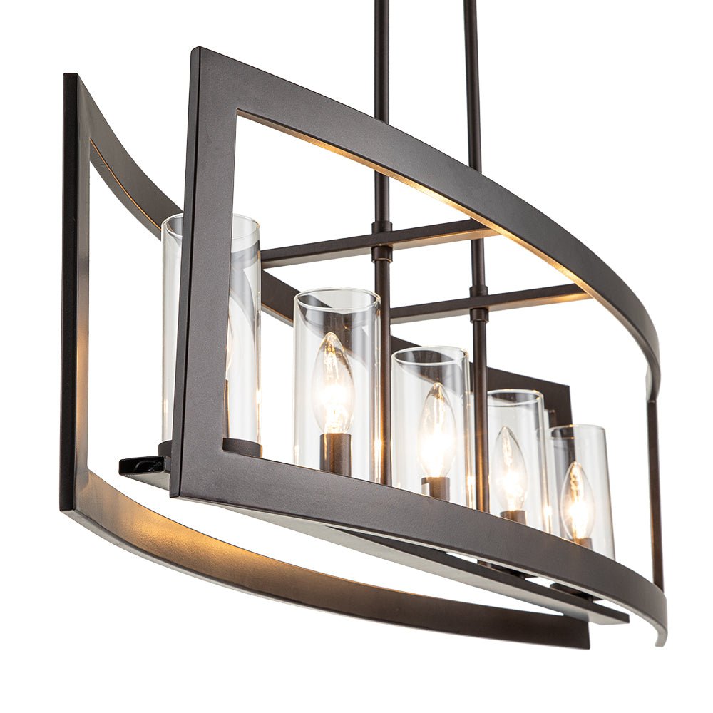 Pendantlightie-Modern 5-Light Rectangle Kitchen Island Chandelier With Glass Shades-Chandeliers-Faux Wood Grain-