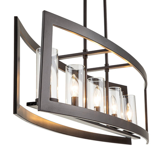 Pendantlightie-Modern 5-Light Rectangle Kitchen Island Chandelier With Glass Shades-Chandeliers-Faux Wood Grain-