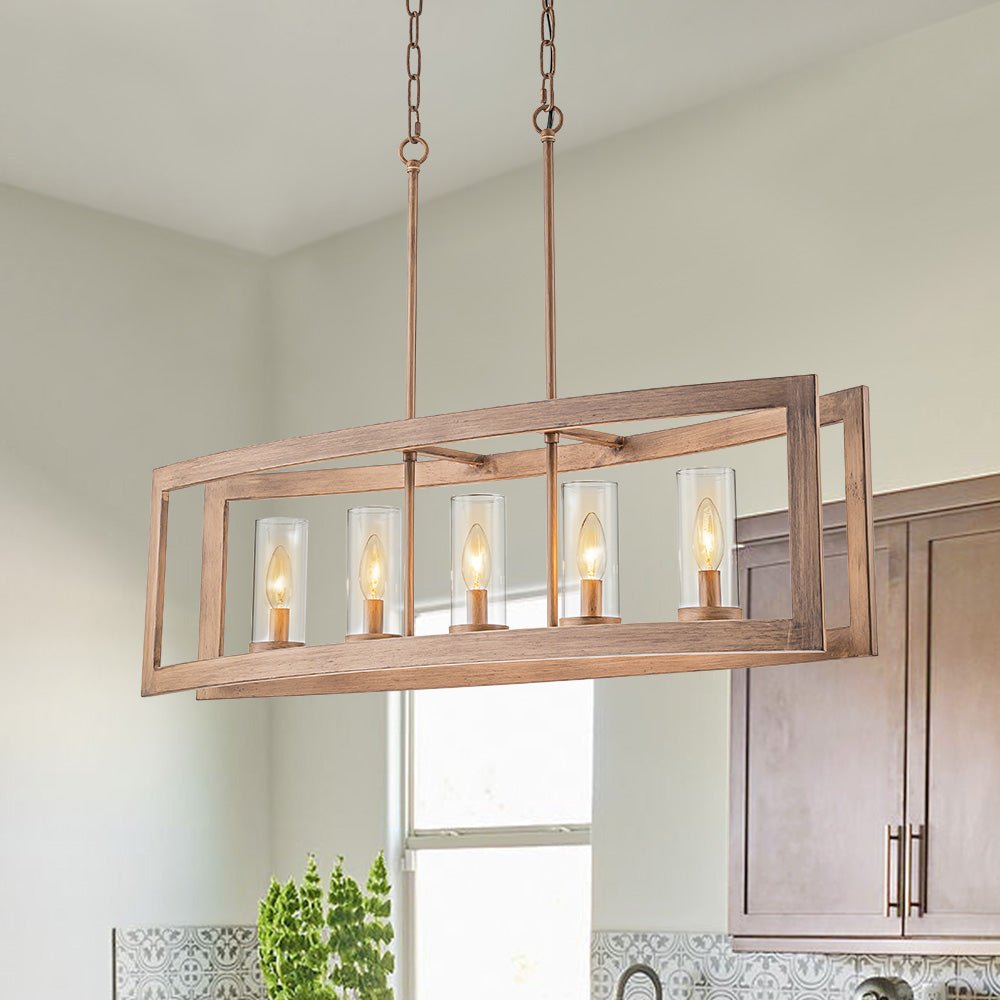 Pendantlightie-Modern 5-Light Rectangle Kitchen Island Chandelier With Glass Shades-Chandeliers-Faux Wood Grain-