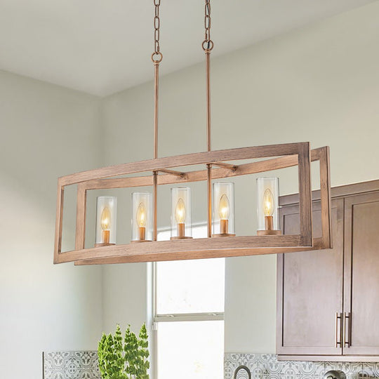 Pendantlightie-Modern 5-Light Rectangle Kitchen Island Chandelier With Glass Shades-Chandeliers-Faux Wood Grain-