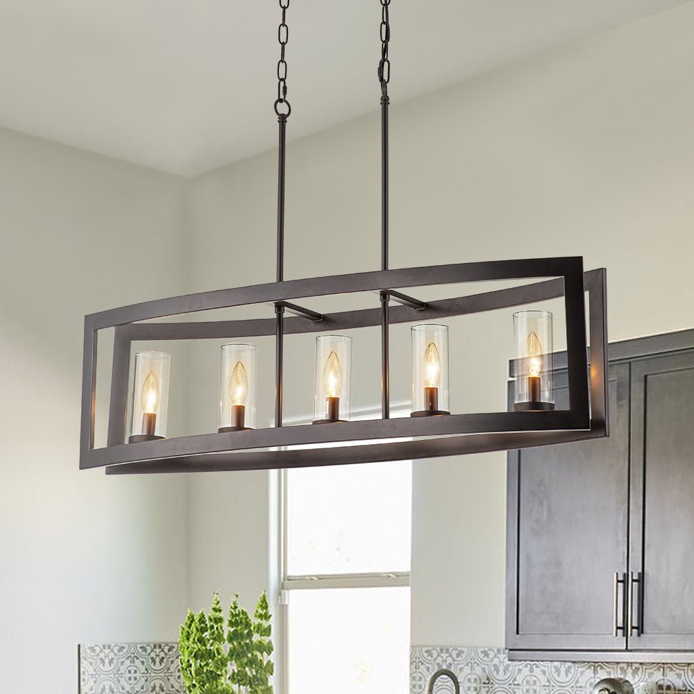 Pendantlightie-Modern 5-Light Rectangle Kitchen Island Chandelier With Glass Shades-Chandeliers-Oil Rubbed Bronze-