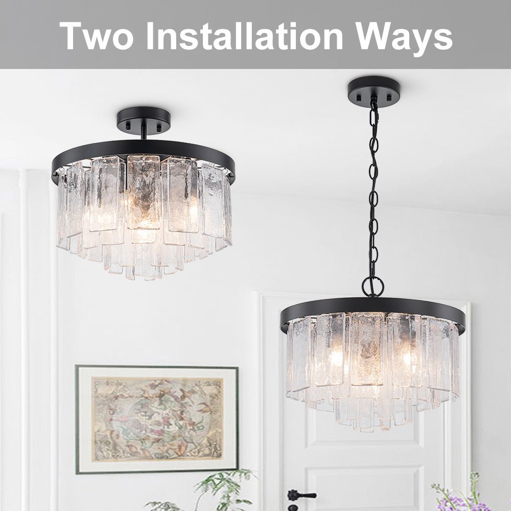 Pendantlightie - Modern 5 - Light Tiered Drum Water Glass Chandelier - Chandeliers - Black -