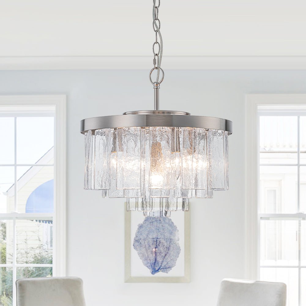 Pendantlightie - Modern 5 - Light Tiered Drum Water Glass Chandelier - Chandeliers - Nickel -