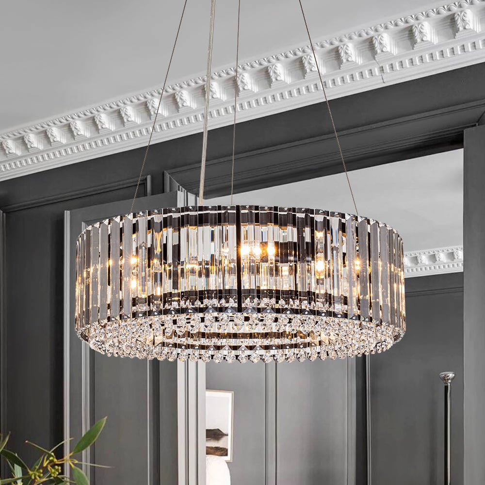 Pendantlightie - Modern 6 - Light Drum Round Glass Crystal Chandelier - Chandeliers - Black -