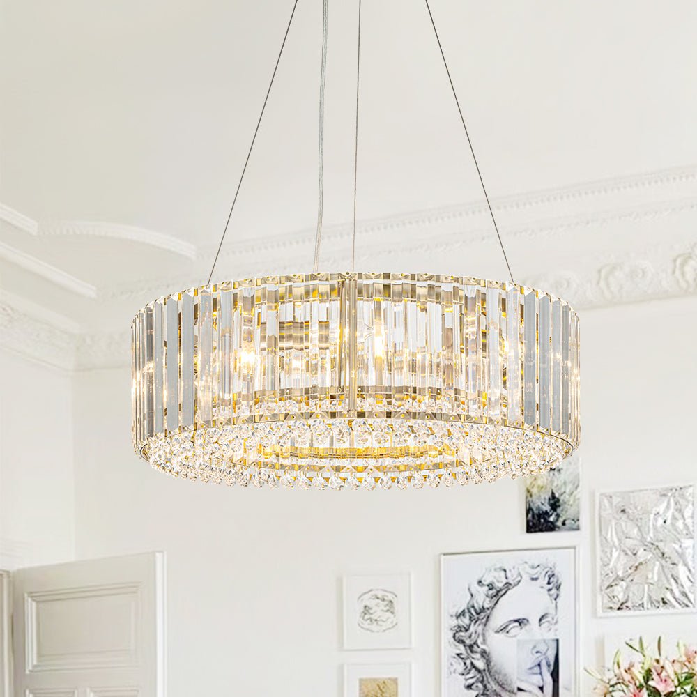 Pendantlightie - Modern 6 - Light Drum Round Glass Crystal Chandelier - Chandeliers - Brass -