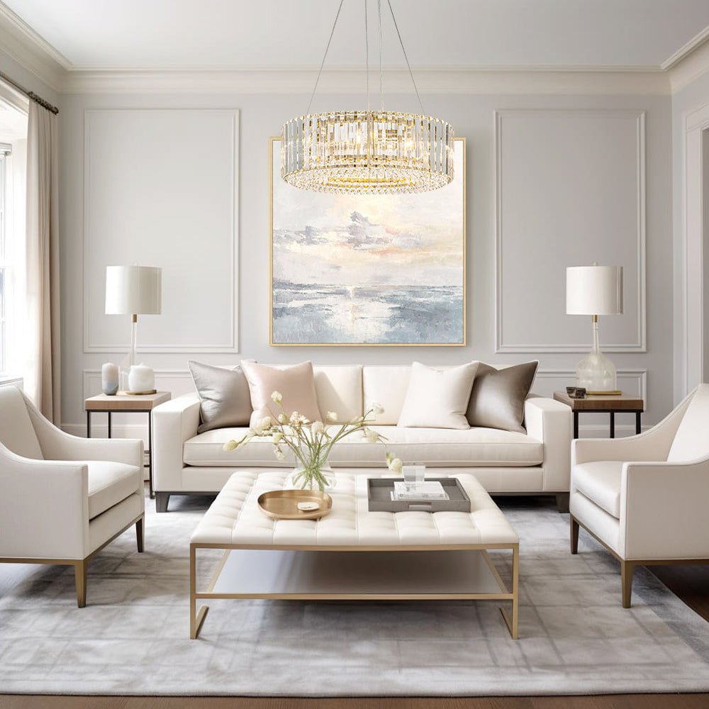 Pendantlightie - Modern 6 - Light Drum Round Glass Crystal Chandelier - Chandeliers - Brass -