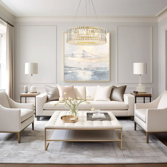 Pendantlightie - Modern 6 - Light Drum Round Glass Crystal Chandelier - Chandeliers - Brass -