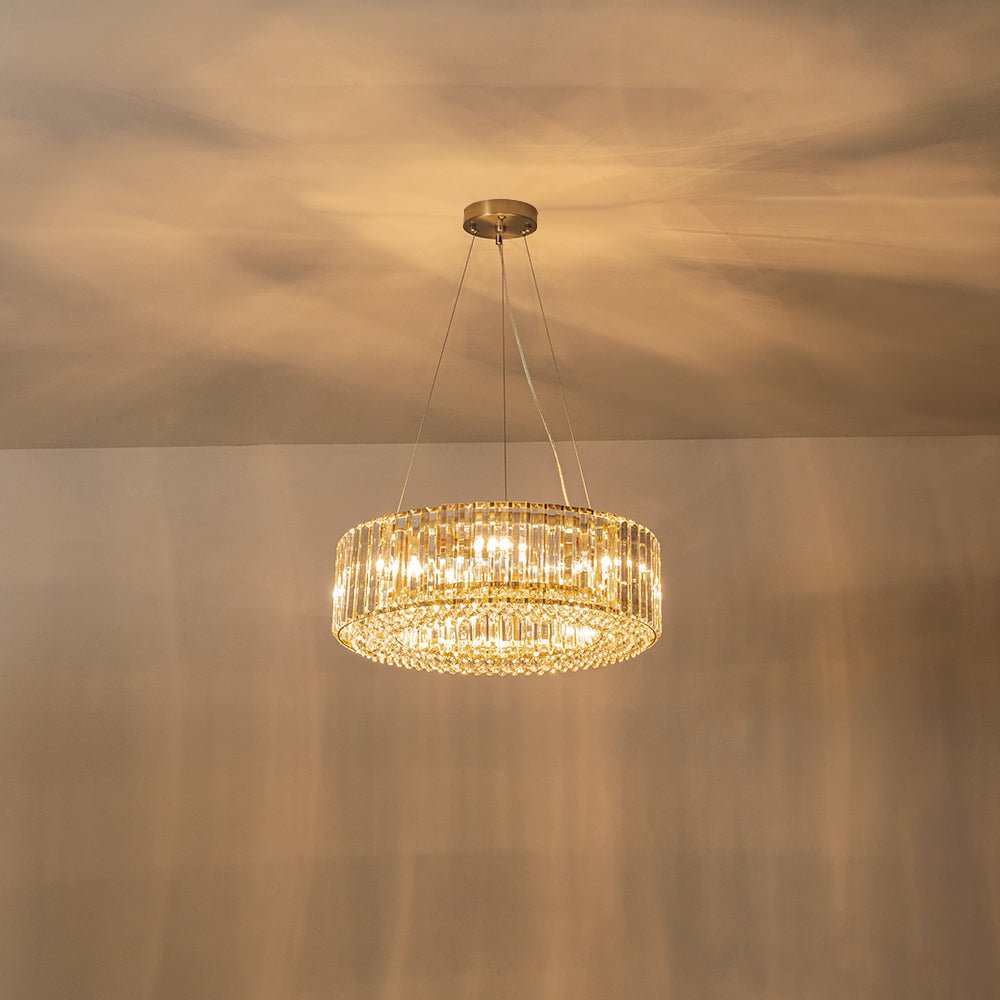 Pendantlightie - Modern 6 - Light Drum Round Glass Crystal Chandelier - Chandeliers - Brass -