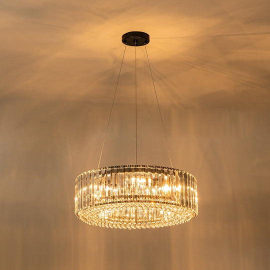 Pendantlightie - Modern 6 - Light Drum Round Glass Crystal Chandelier - Chandeliers - Chrome -