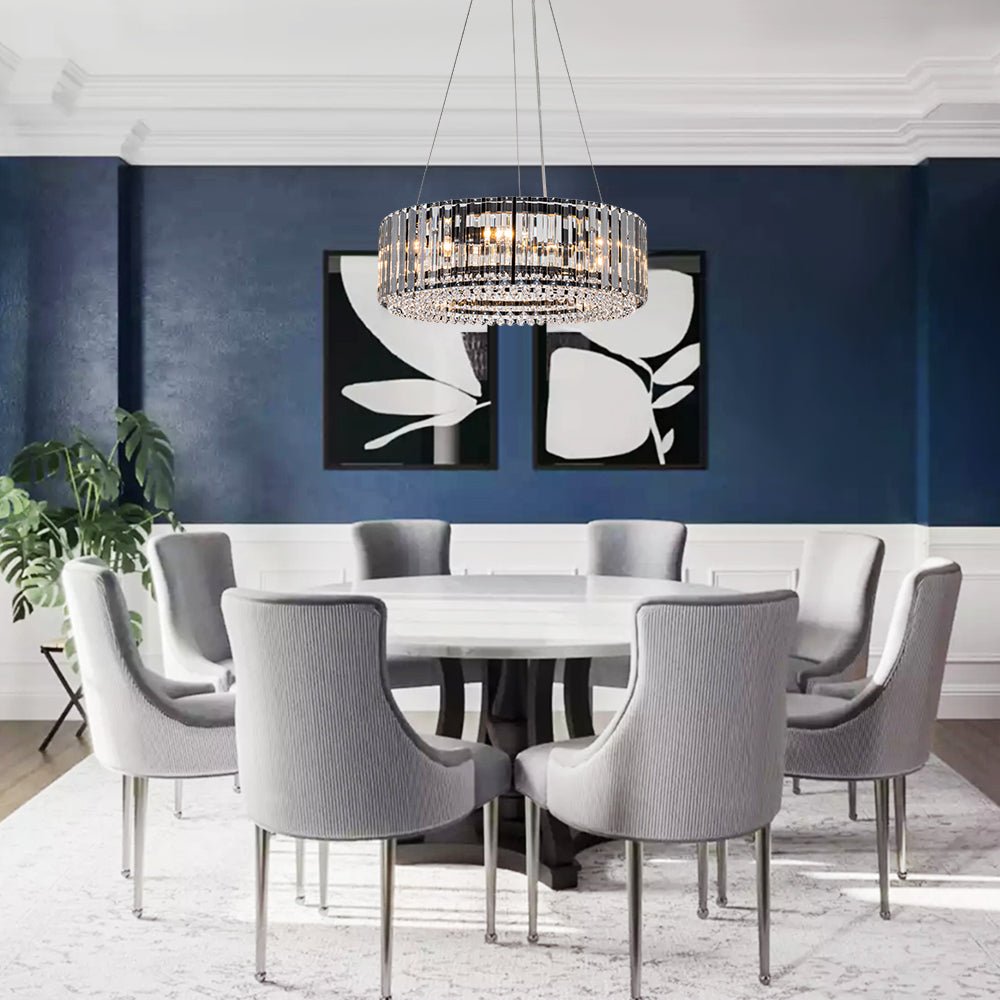Pendantlightie - Modern 6 - Light Drum Round Glass Crystal Chandelier - Chandeliers - Chrome -