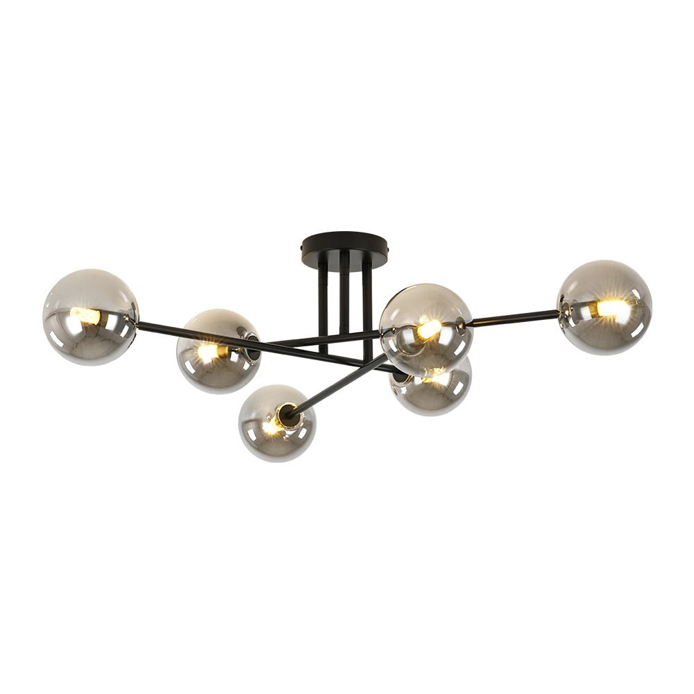 Pendantlightie - Modern 6 - Light Smoky Gray Glass Linear Sputnik Semi Ceiling Light - Semi Flush Mount - Black -