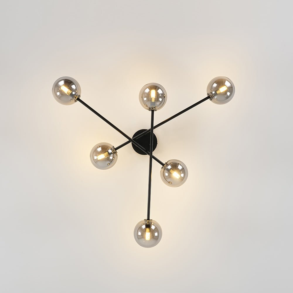Pendantlightie - Modern 6 - Light Smoky Gray Glass Linear Sputnik Semi Ceiling Light - Semi Flush Mount - Black -