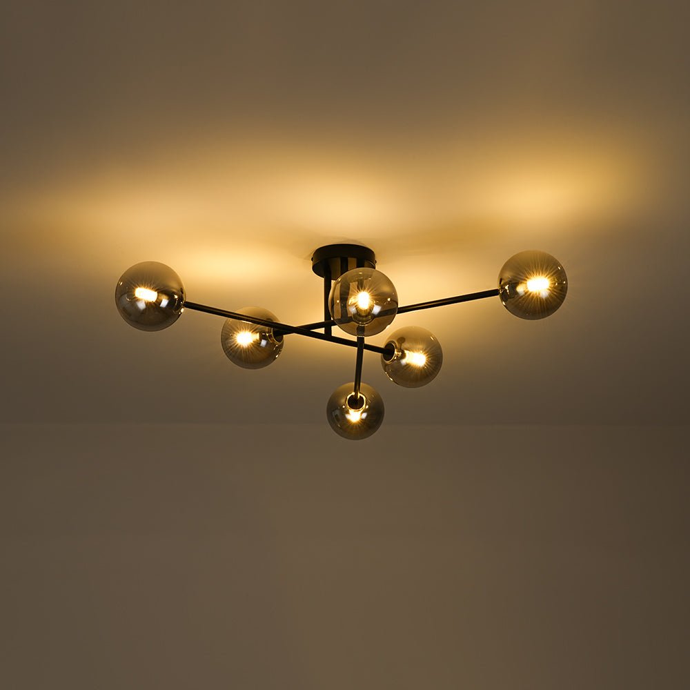 Pendantlightie - Modern 6 - Light Smoky Gray Glass Linear Sputnik Semi Ceiling Light - Semi Flush Mount - Black -