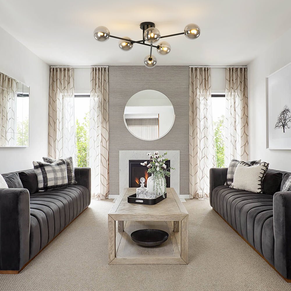 Pendantlightie - Modern 6 - Light Smoky Gray Glass Linear Sputnik Semi Ceiling Light - Semi Flush Mount - Black -