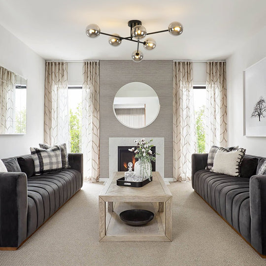 Pendantlightie - Modern 6 - Light Smoky Gray Glass Linear Sputnik Semi Ceiling Light - Semi Flush Mount - Black -