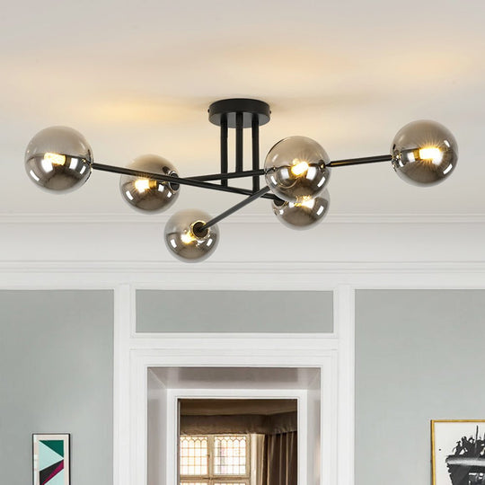 Pendantlightie - Modern 6 - Light Smoky Gray Glass Linear Sputnik Semi Ceiling Light - Semi Flush Mount - Black -