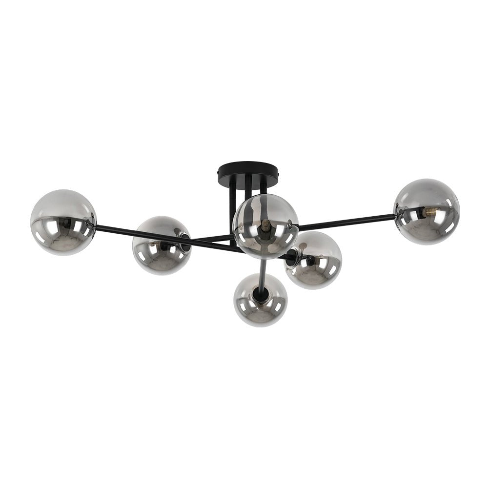 Pendantlightie - Modern 6 - Light Smoky Gray Glass Linear Sputnik Semi Ceiling Light - Semi Flush Mount - Black -
