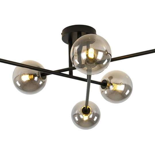 Pendantlightie - Modern 6 - Light Smoky Gray Glass Linear Sputnik Semi Ceiling Light - Semi Flush Mount - Black -