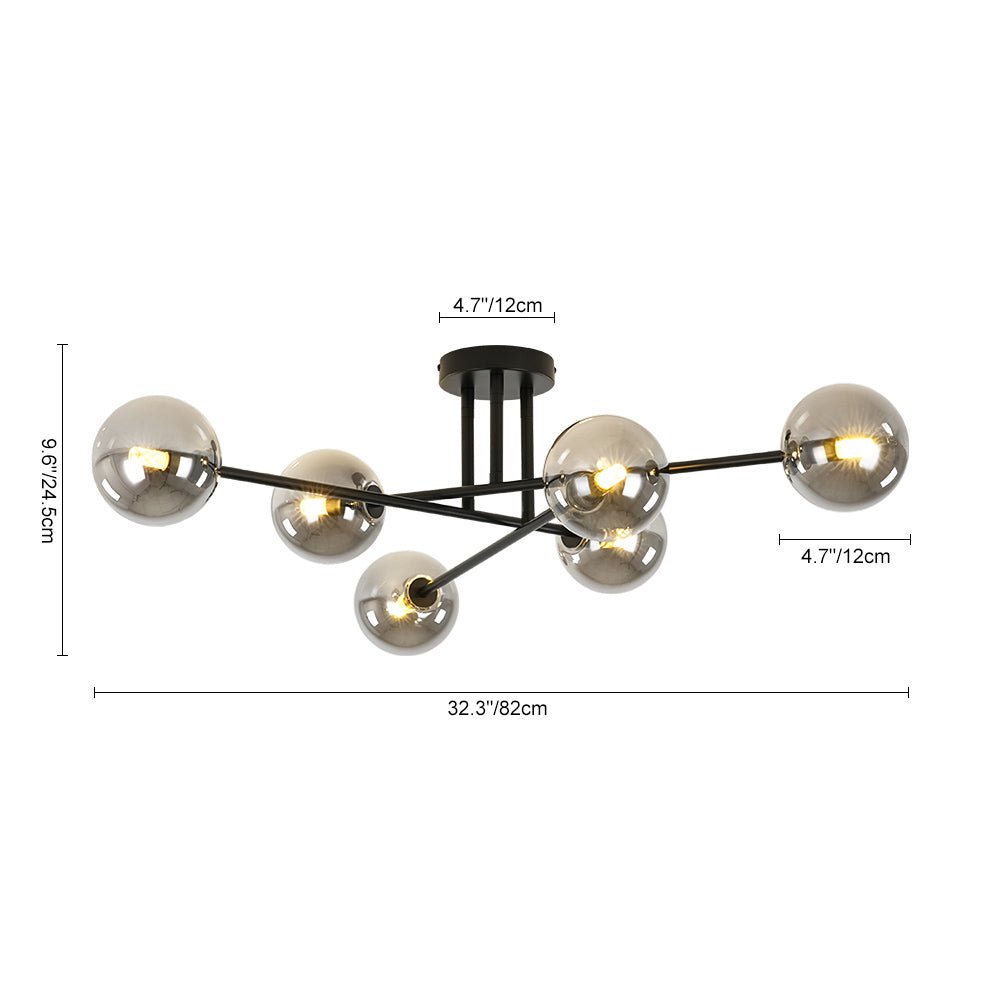 Pendantlightie - Modern 6 - Light Smoky Gray Glass Linear Sputnik Semi Ceiling Light - Semi Flush Mount - Black -