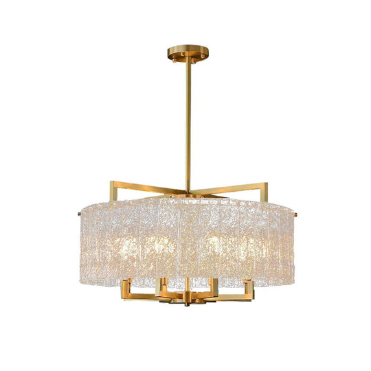 Pendantlightie - Modern 6 - Light Water Textured Glass Drum Chandelier - Chandeliers - Brass -