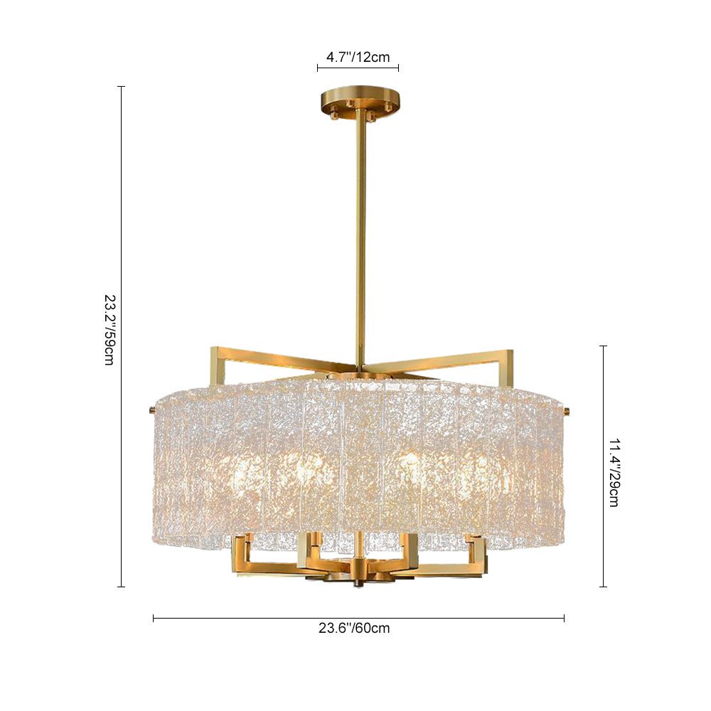 Pendantlightie - Modern 6 - Light Water Textured Glass Drum Chandelier - Chandeliers - Brass -