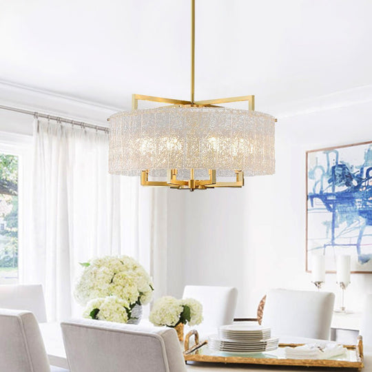 Pendantlightie - Modern 6 - Light Water Textured Glass Drum Chandelier - Chandeliers - Brass -