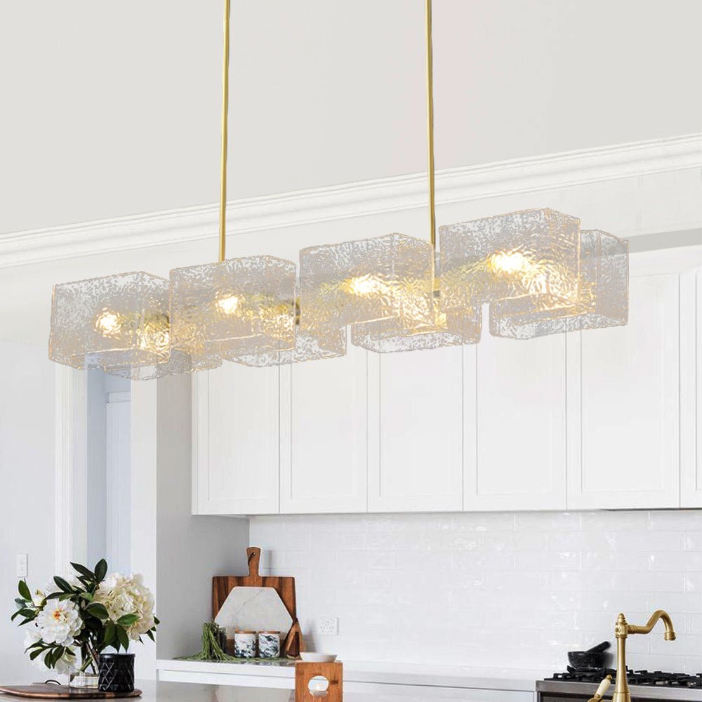 Pendantlightie - Modern 8 - Light Textured Glass Linear Shaded Chandelier - Chandeliers - Brass -