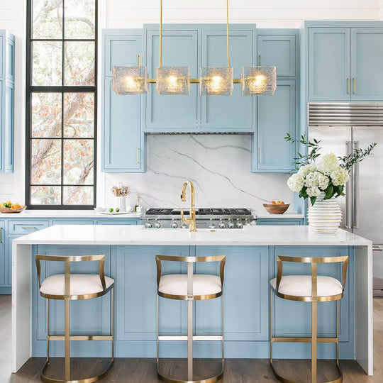 Pendantlightie - Modern 8 - Light Textured Glass Linear Shaded Chandelier - Chandeliers - Brass -