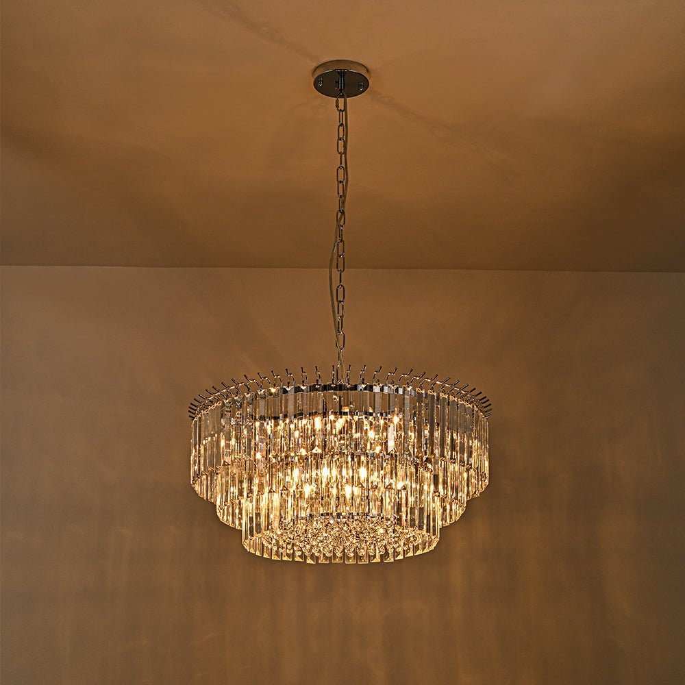 Pendantlightie - Modern 9 - Light Round Drum 3 - Tier Chandelier With Crystal - Chandeliers - Chrome -