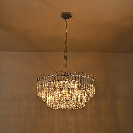 Pendantlightie - Modern 9 - Light Round Drum 3 - Tier Chandelier With Crystal - Chandeliers - Chrome -