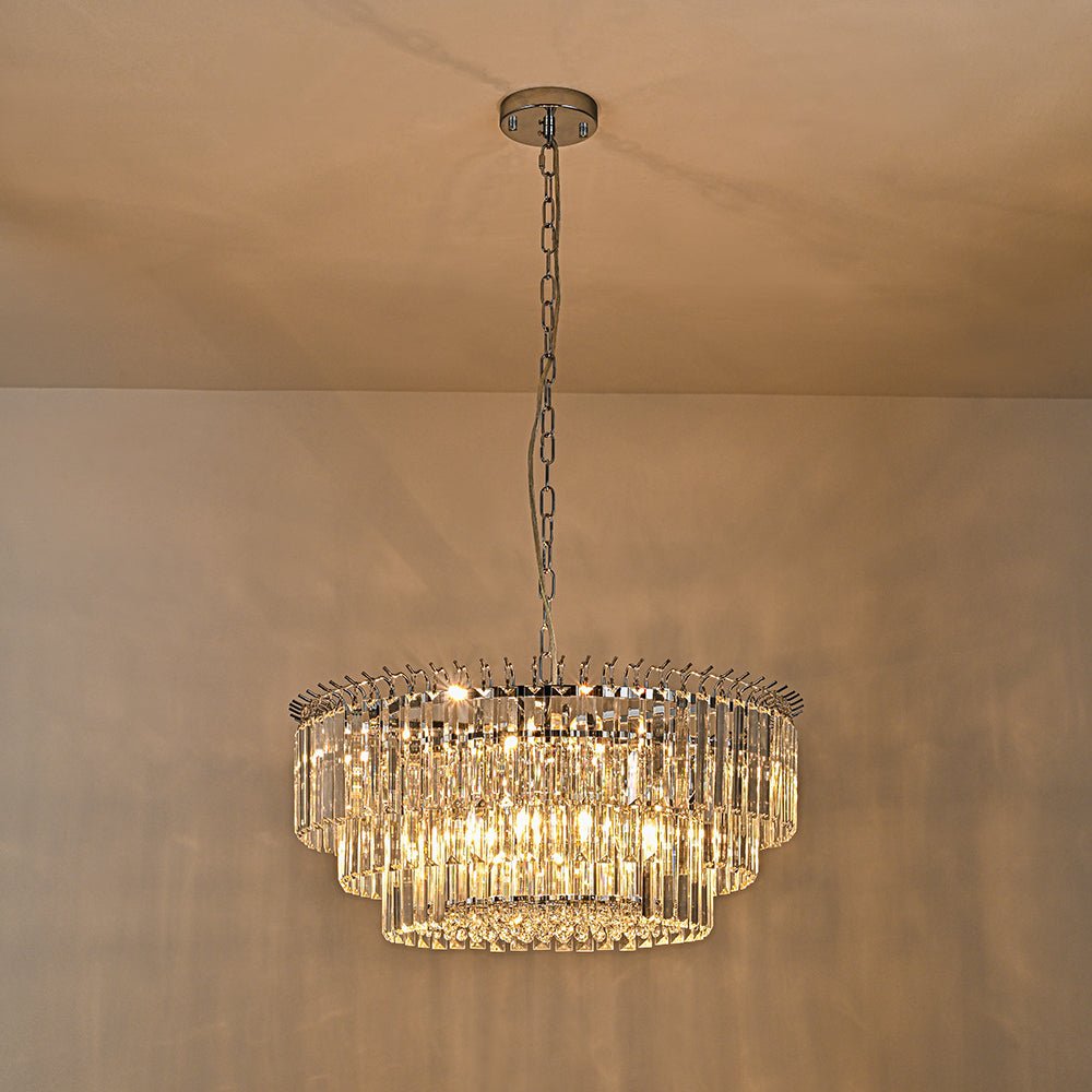 Pendantlightie - Modern 9 - Light Round Drum 3 - Tier Chandelier With Crystal - Chandeliers - Chrome -