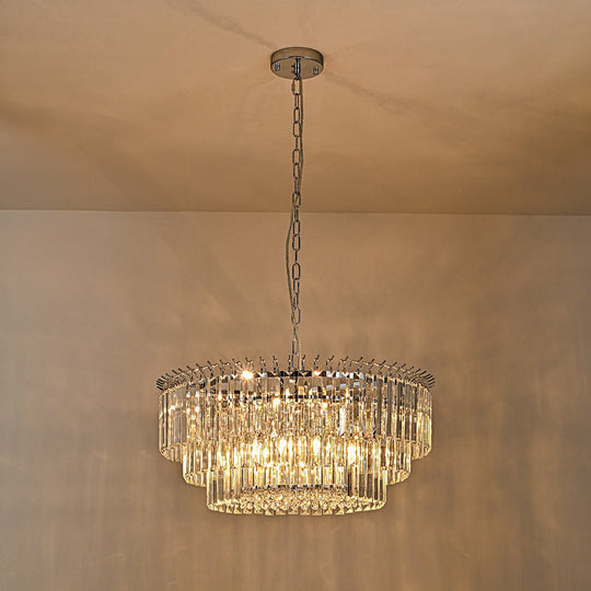 Pendantlightie - Modern 9 - Light Round Drum 3 - Tier Chandelier With Crystal - Chandeliers - Chrome -