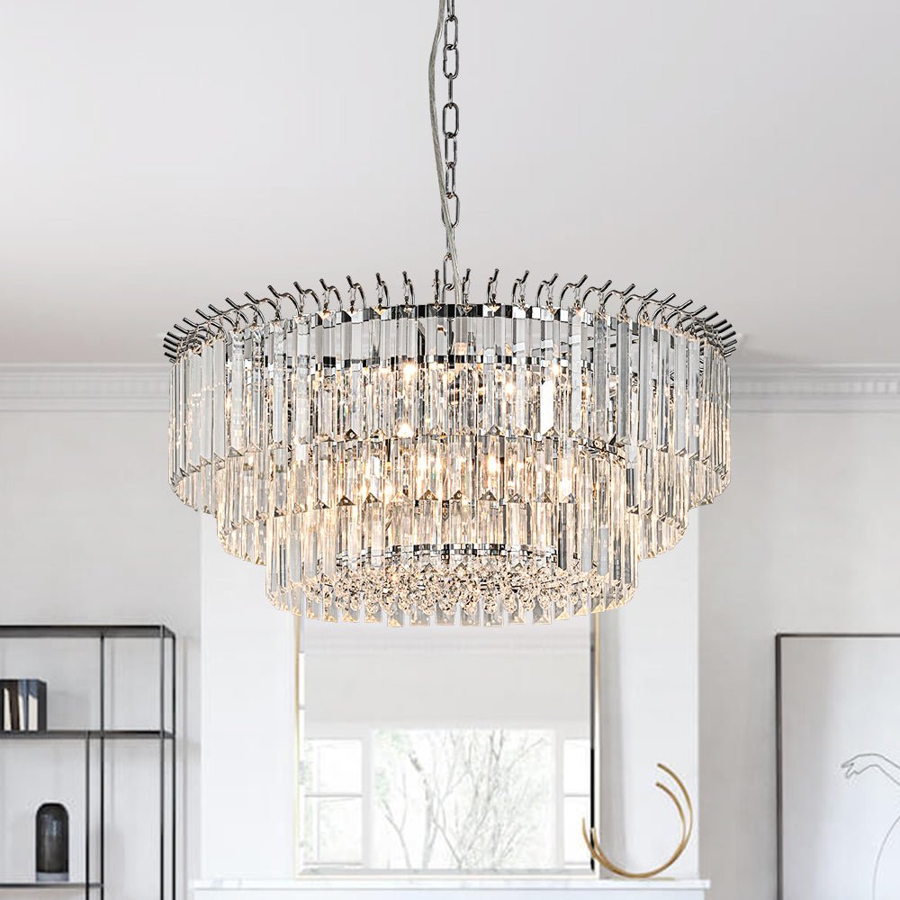 Pendantlightie - Modern 9 - Light Round Drum 3 - Tier Chandelier With Crystal - Chandeliers - Chrome -