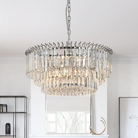 Pendantlightie - Modern 9 - Light Round Drum 3 - Tier Chandelier With Crystal - Chandeliers - Chrome -