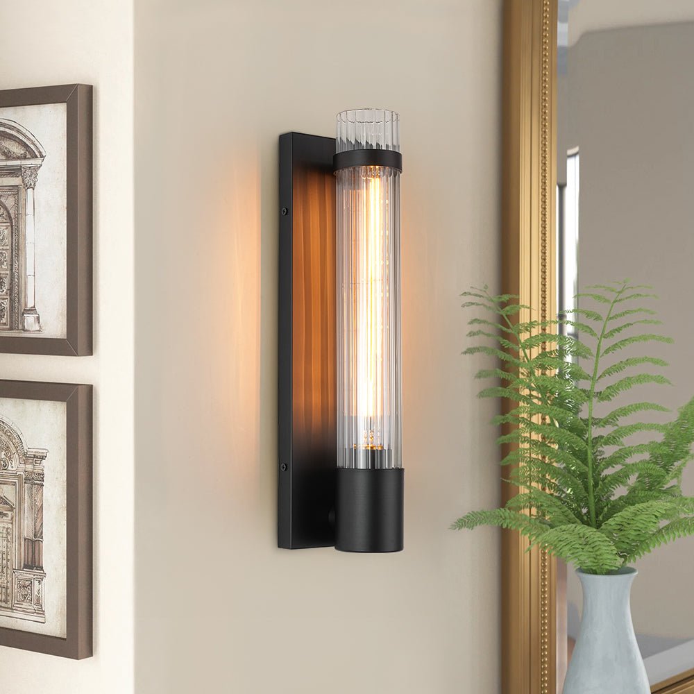 Pendantlightie - Modern Classical 1 - Light Fluted Cylinder Glass Vanity Sconce - Wall Light - Black -