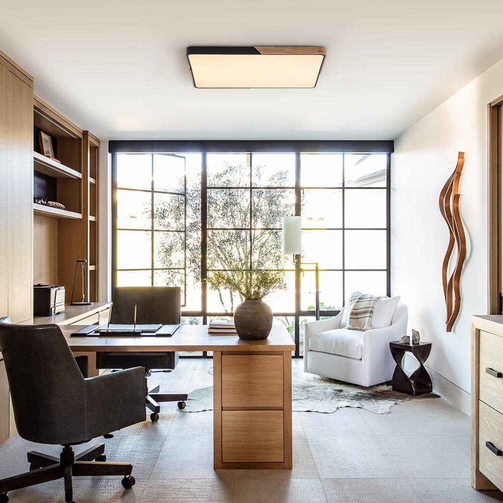 Pendantlightie - Modern Dimmable Rectangle Led Ceiling Light With Wood Accents - Flush Mount - Black -