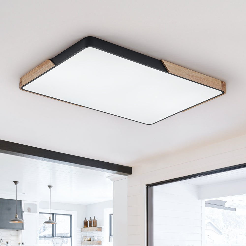 Pendantlightie - Modern Dimmable Rectangle Led Ceiling Light With Wood Accents - Flush Mount - Black -