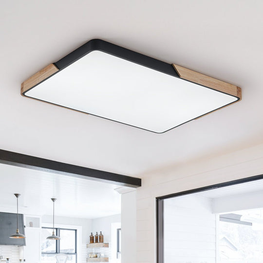 Pendantlightie - Modern Dimmable Rectangle Led Ceiling Light With Wood Accents - Flush Mount - Black -