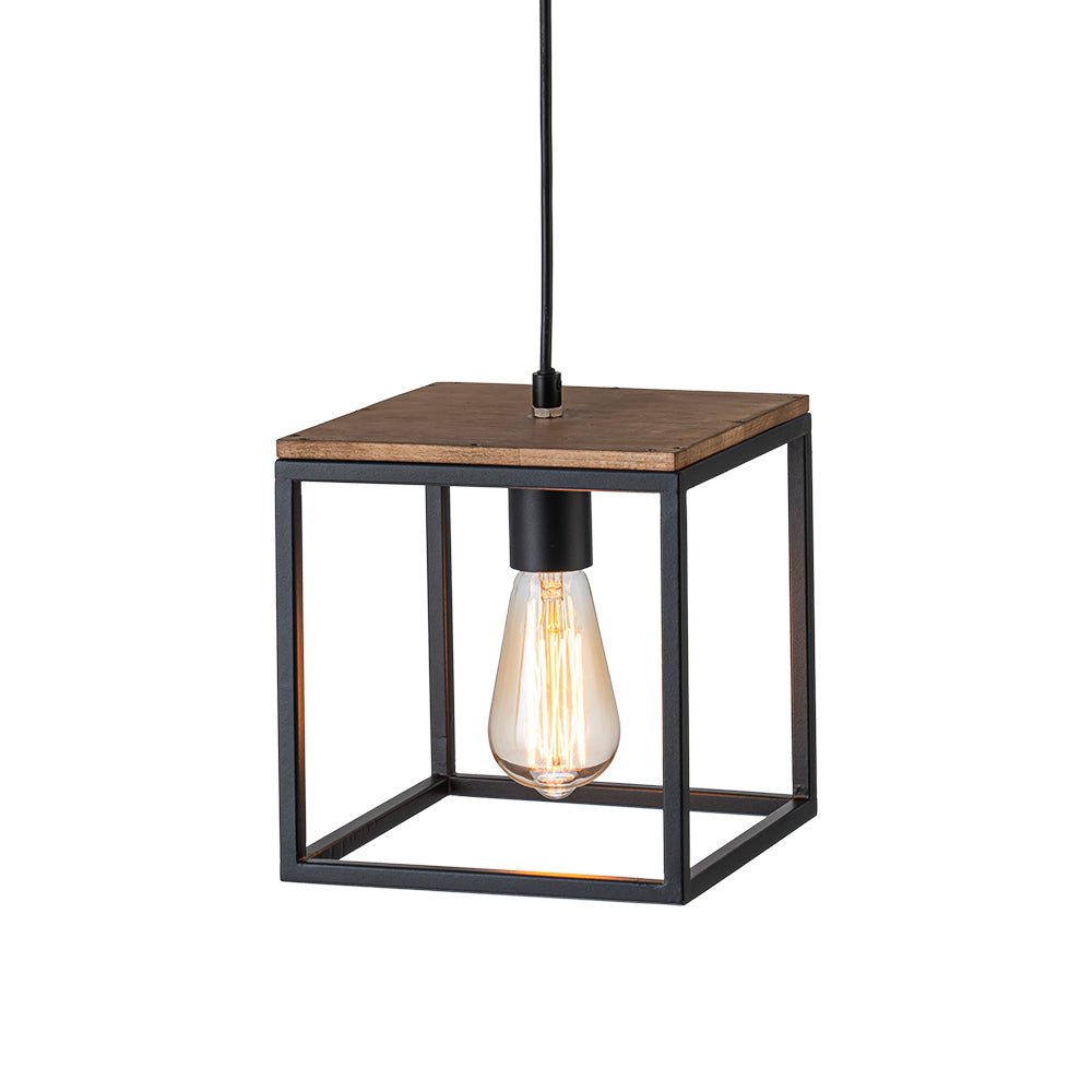 Pendantlightie - Modern Farmhouse 1 - Light Cage Square Pendant With Wood Accents - Pendants - Black -