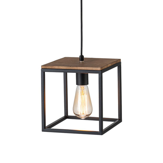 Pendantlightie - Modern Farmhouse 1 - Light Cage Square Pendant With Wood Accents - Pendants - Black -