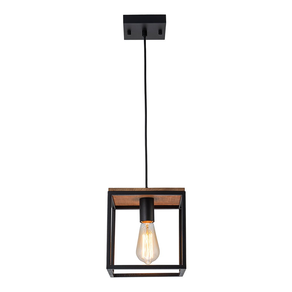 Pendantlightie - Modern Farmhouse 1 - Light Cage Square Pendant With Wood Accents - Pendants - Black -