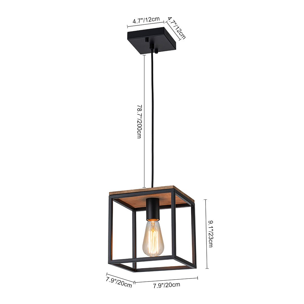 Pendantlightie - Modern Farmhouse 1 - Light Cage Square Pendant With Wood Accents - Pendants - Black -